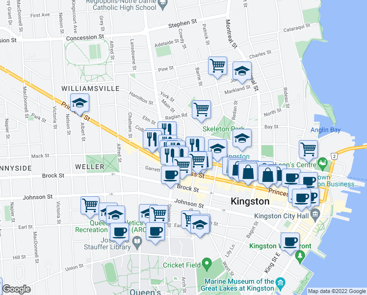 map of restaurants, bars, coffee shops, grocery stores, and more near 122 Colborne Street in Kingston