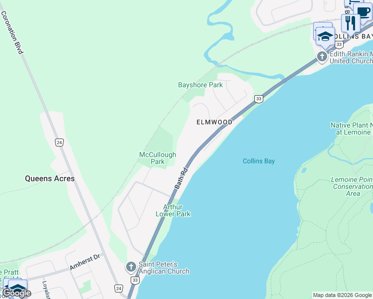 map of restaurants, bars, coffee shops, grocery stores, and more near 4209 Bath Road in Kingston