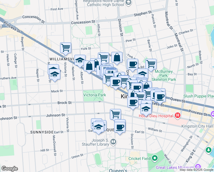map of restaurants, bars, coffee shops, grocery stores, and more near 506 Princess Street in Kingston