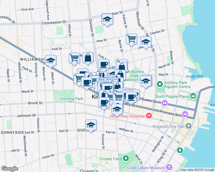 map of restaurants, bars, coffee shops, grocery stores, and more near 122 Colborne Street in Kingston