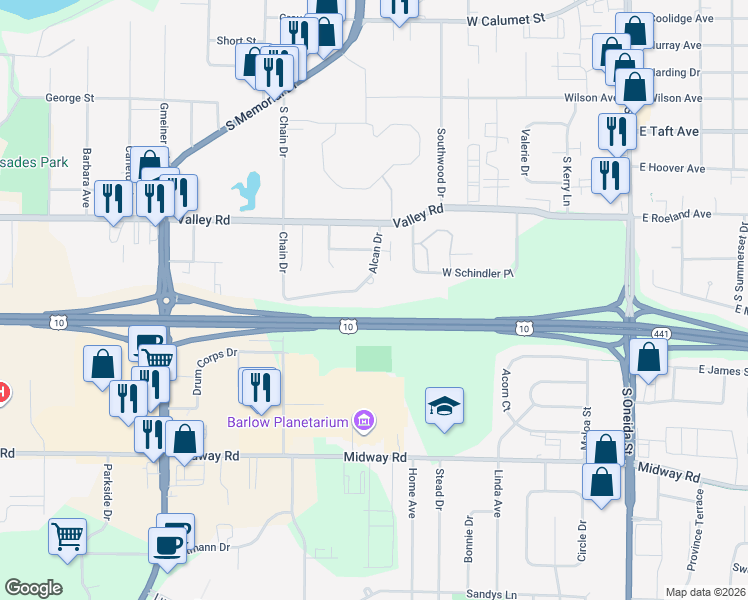 map of restaurants, bars, coffee shops, grocery stores, and more near 1699 Alcan Drive in Menasha