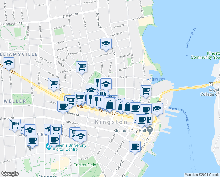 map of restaurants, bars, coffee shops, grocery stores, and more near 114 Ordnance Street in Kingston