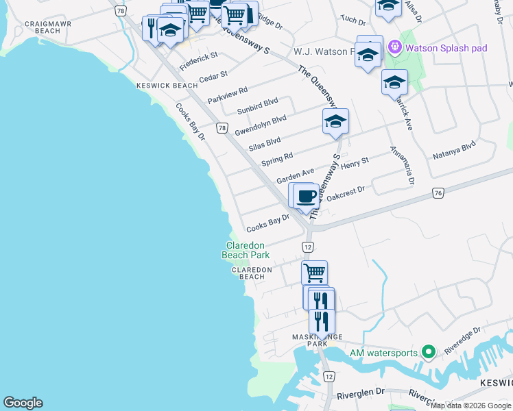 map of restaurants, bars, coffee shops, grocery stores, and more near 194 Beach Road in Georgina