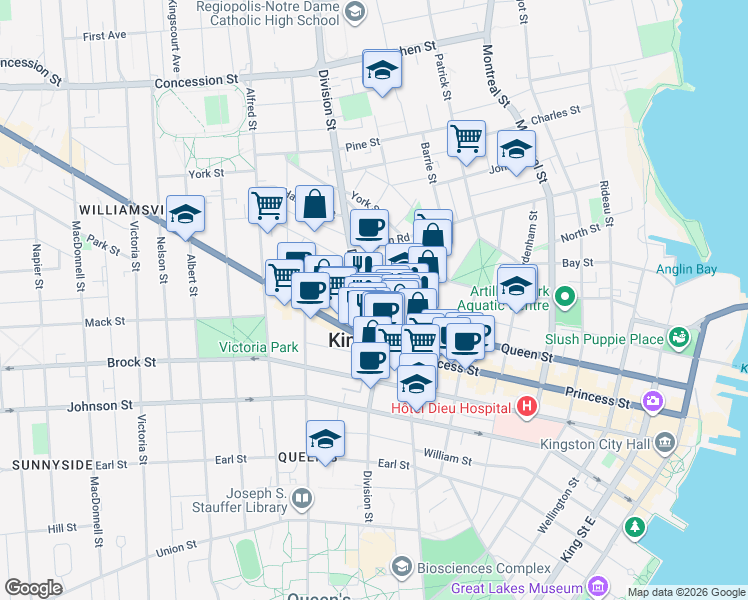 map of restaurants, bars, coffee shops, grocery stores, and more near 140 Colborne Street in Kingston
