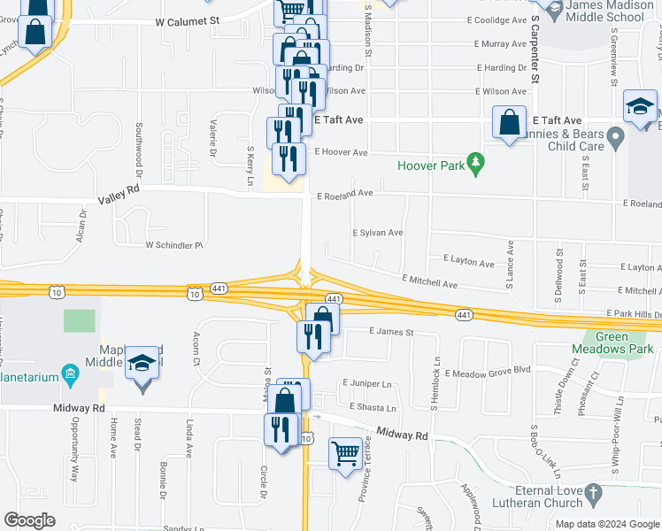 map of restaurants, bars, coffee shops, grocery stores, and more near 132 East Mitchell Avenue in Appleton
