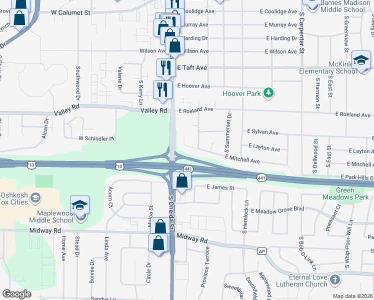 map of restaurants, bars, coffee shops, grocery stores, and more near 132 East Mitchell Avenue in Appleton