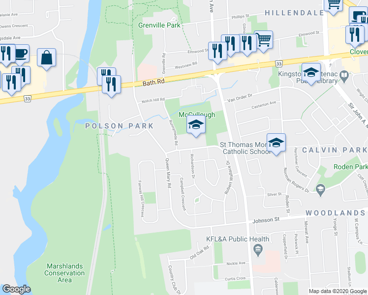map of restaurants, bars, coffee shops, grocery stores, and more near 201 Robert Wallace Drive in Kingston
