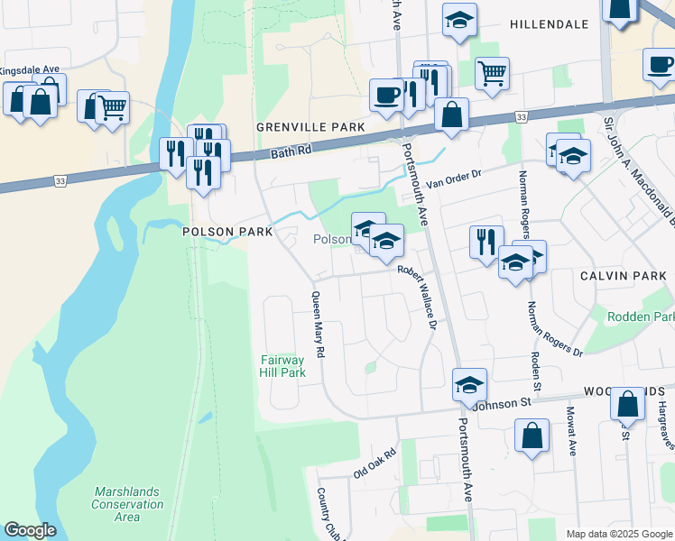 map of restaurants, bars, coffee shops, grocery stores, and more near 201 Robert Wallace Drive in Kingston