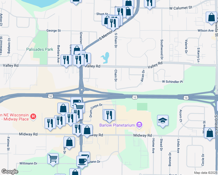 map of restaurants, bars, coffee shops, grocery stores, and more near 3019 Chain Drive in Menasha