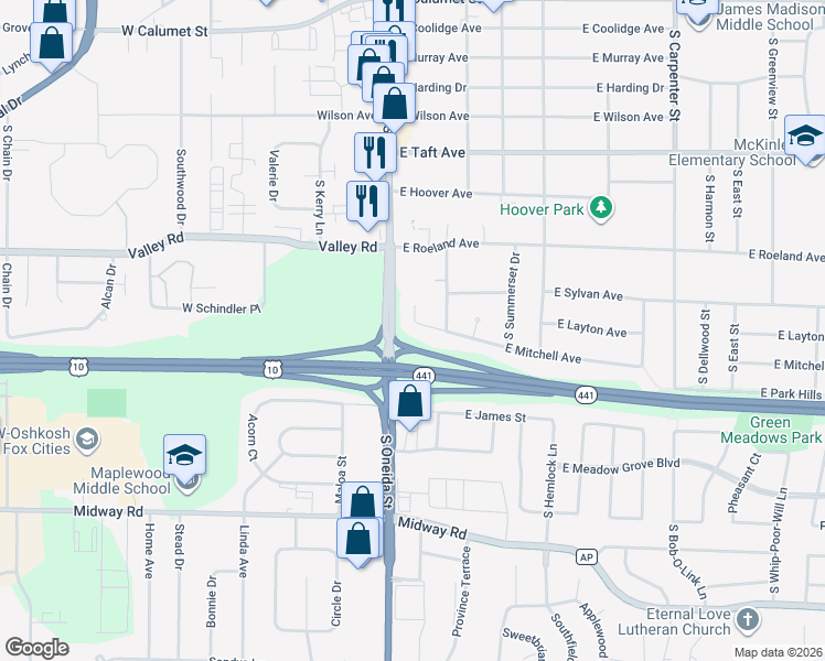 map of restaurants, bars, coffee shops, grocery stores, and more near 132 East Mitchell Avenue in Appleton