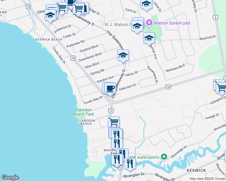 map of restaurants, bars, coffee shops, grocery stores, and more near 156 The Queensway South in Georgina