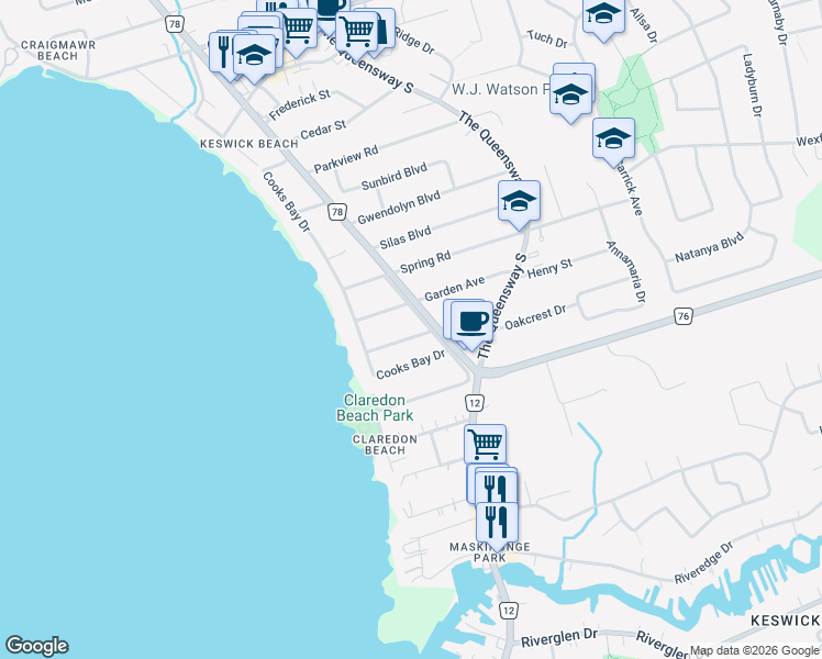 map of restaurants, bars, coffee shops, grocery stores, and more near in Georgina