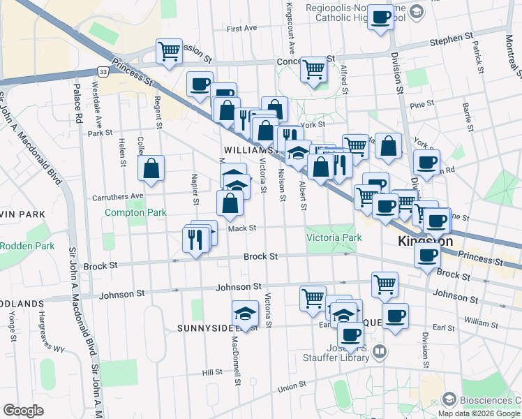 map of restaurants, bars, coffee shops, grocery stores, and more near 462 Victoria Street in Kingston