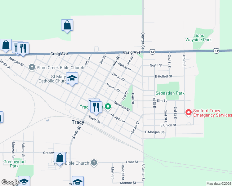 map of restaurants, bars, coffee shops, grocery stores, and more near 352 3rd Street in Tracy