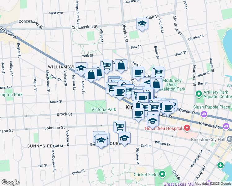 map of restaurants, bars, coffee shops, grocery stores, and more near 495 Princess Street in Kingston