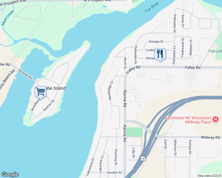 map of restaurants, bars, coffee shops, grocery stores, and more near 1727 Northridge Court in Menasha