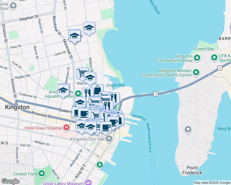 map of restaurants, bars, coffee shops, grocery stores, and more near 1 Place D'Armes in Kingston