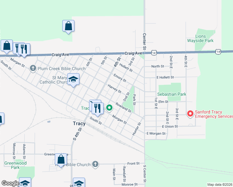 map of restaurants, bars, coffee shops, grocery stores, and more near 352 3rd Street in Tracy