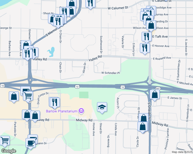map of restaurants, bars, coffee shops, grocery stores, and more near 525 West Schindler Place in Menasha