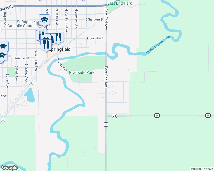 map of restaurants, bars, coffee shops, grocery stores, and more near 401 South Co Road 5 in Springfield