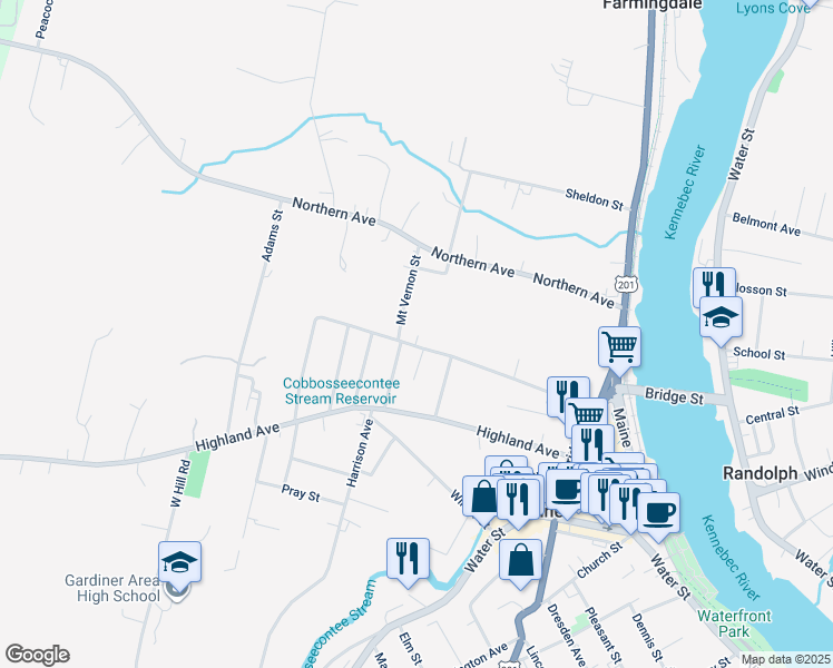 map of restaurants, bars, coffee shops, grocery stores, and more near 137 Spring Street in Gardiner