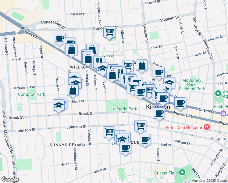 map of restaurants, bars, coffee shops, grocery stores, and more near 450 Frontenac Street in Kingston