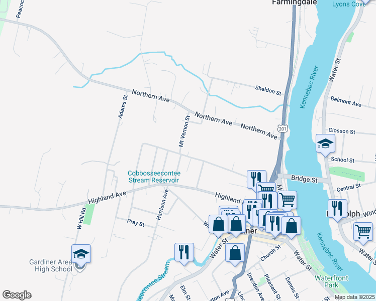 map of restaurants, bars, coffee shops, grocery stores, and more near 137 Spring Street in Gardiner