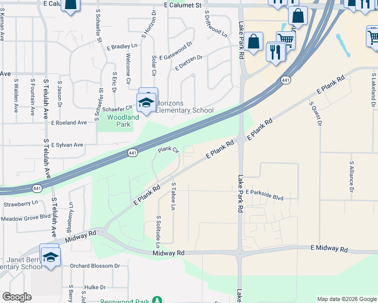map of restaurants, bars, coffee shops, grocery stores, and more near 2700 East Plank Road in Appleton