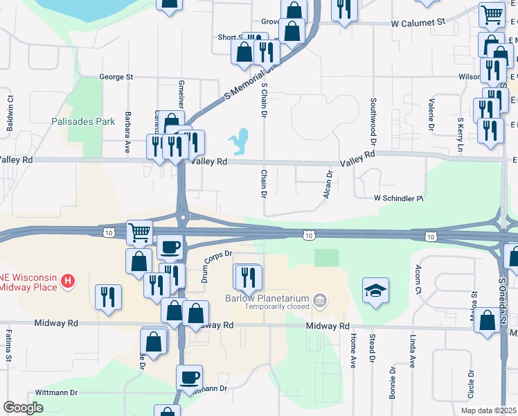 map of restaurants, bars, coffee shops, grocery stores, and more near 3001 Chain Drive in Menasha