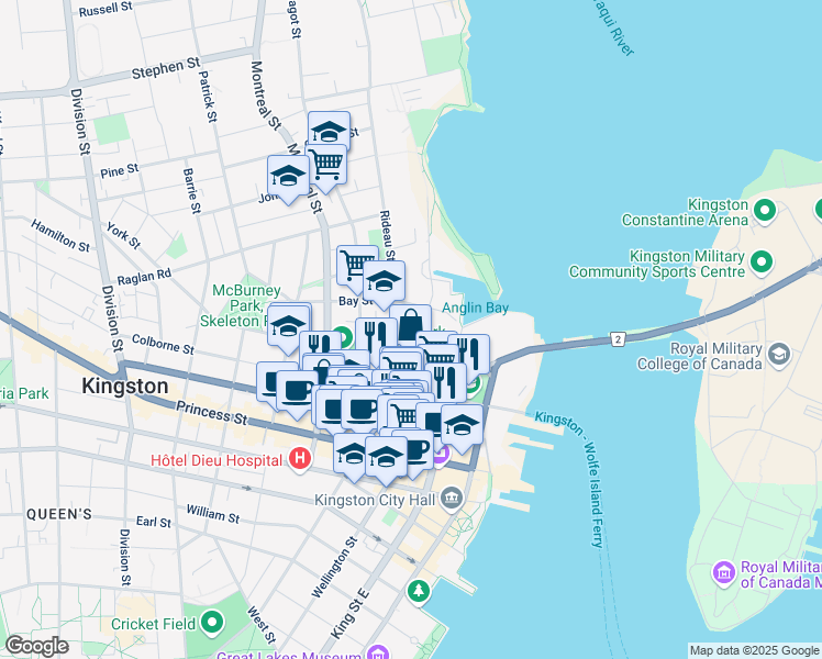 map of restaurants, bars, coffee shops, grocery stores, and more near 8 Rideau Terrace in Kingston