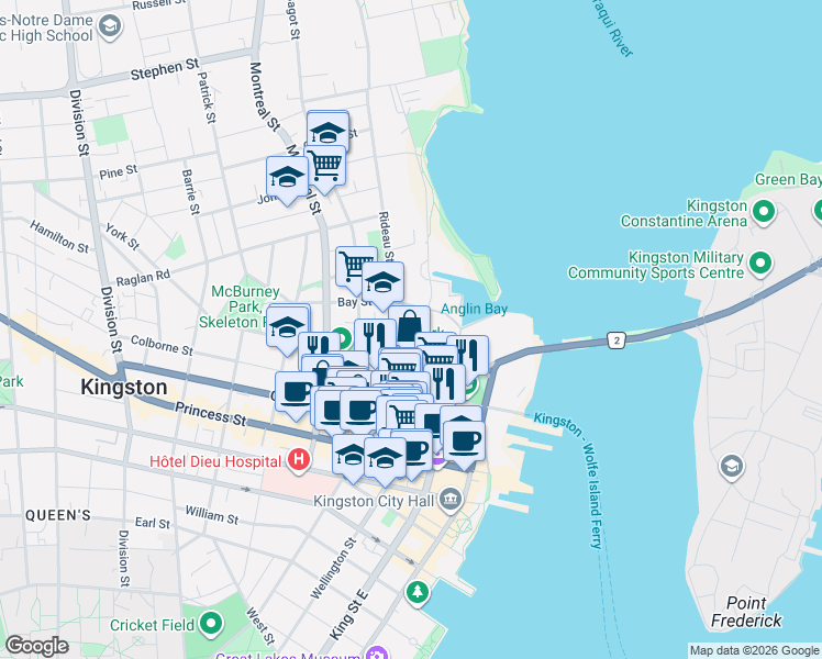 map of restaurants, bars, coffee shops, grocery stores, and more near 8 Rideau Terrace in Kingston