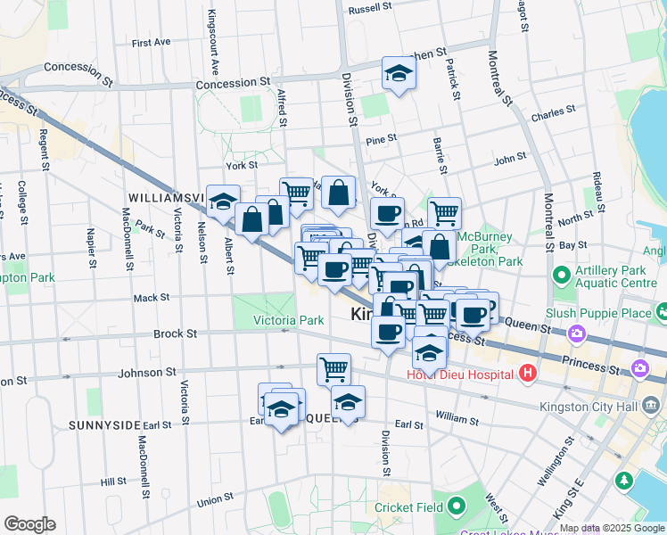 map of restaurants, bars, coffee shops, grocery stores, and more near 495 Princess Street in Kingston