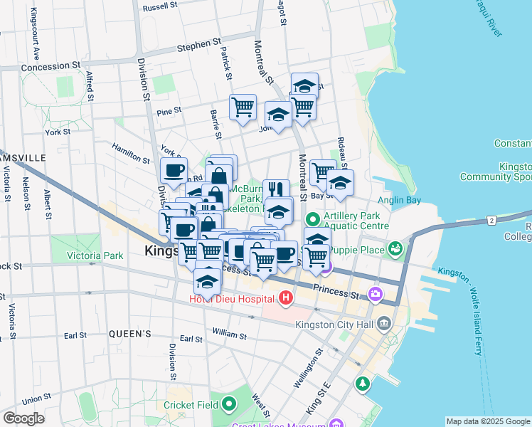 map of restaurants, bars, coffee shops, grocery stores, and more near 156 Ordnance Street in Kingston