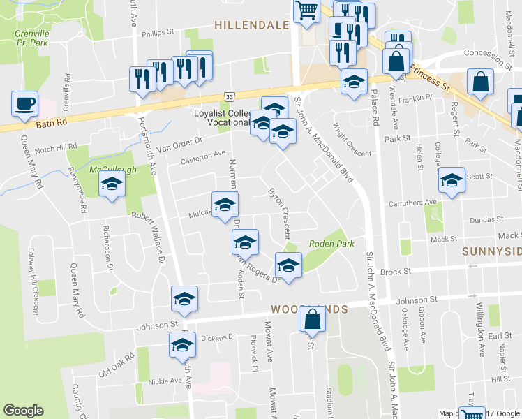 map of restaurants, bars, coffee shops, grocery stores, and more near 102 Herchmer Crescent in Kingston