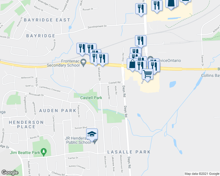 map of restaurants, bars, coffee shops, grocery stores, and more near 486 Kirkwood Road in Kingston