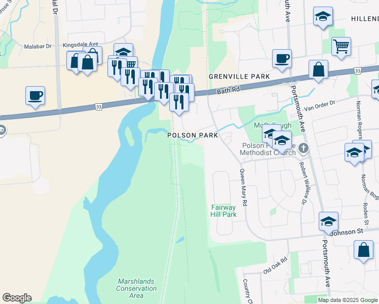 map of restaurants, bars, coffee shops, grocery stores, and more near 66 Greenview Drive in Kingston