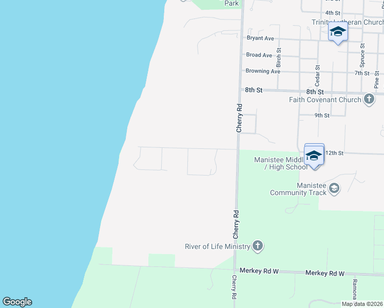 map of restaurants, bars, coffee shops, grocery stores, and more near 1925 12th Street in Manistee