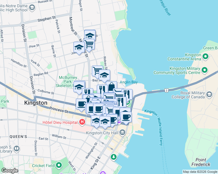 map of restaurants, bars, coffee shops, grocery stores, and more near 55 Rideau Street in Kingston