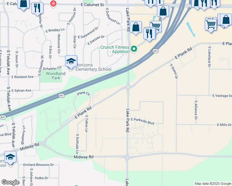map of restaurants, bars, coffee shops, grocery stores, and more near 2240 Plank Road in Appleton