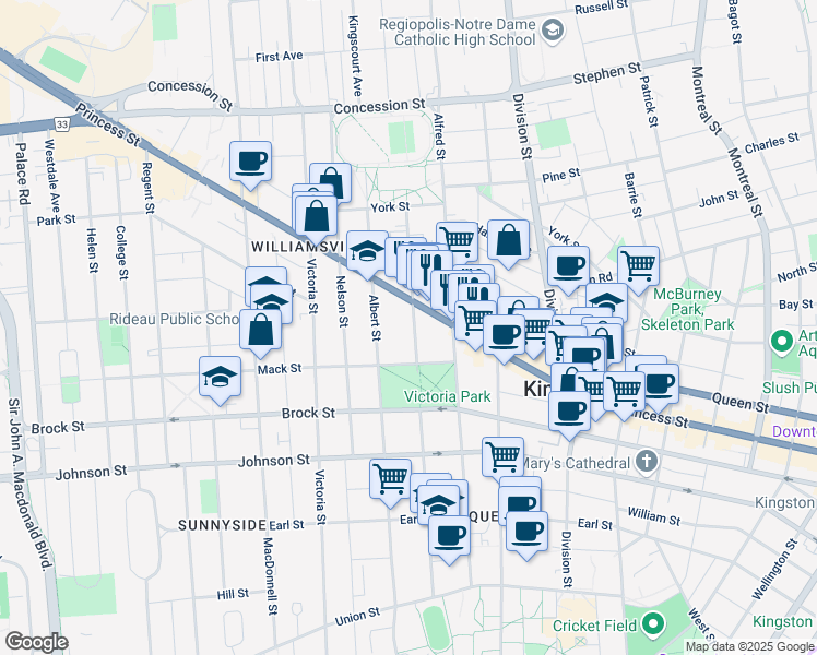 map of restaurants, bars, coffee shops, grocery stores, and more near 454 Frontenac Street in Kingston