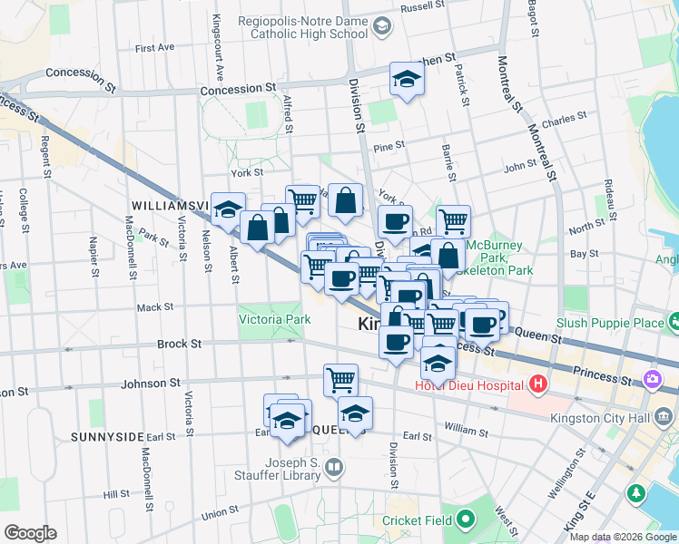 map of restaurants, bars, coffee shops, grocery stores, and more near 495 Princess Street in Kingston