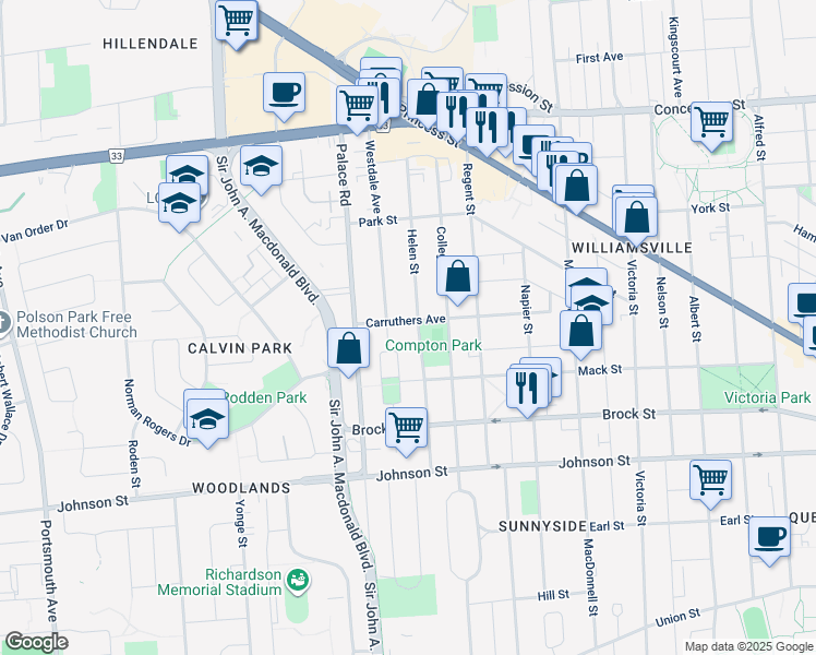 map of restaurants, bars, coffee shops, grocery stores, and more near in Kingston