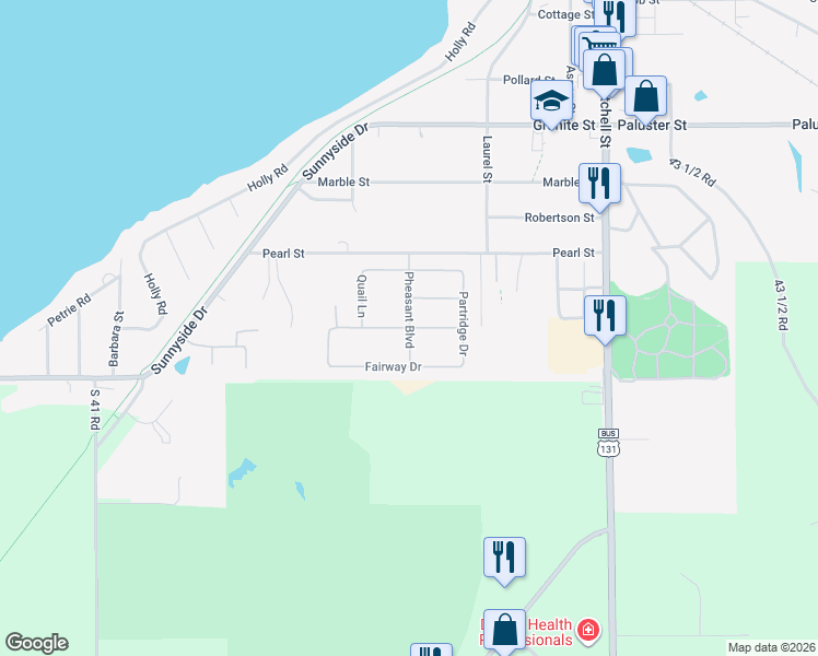 map of restaurants, bars, coffee shops, grocery stores, and more near 701 Pheasant Boulevard in Cadillac