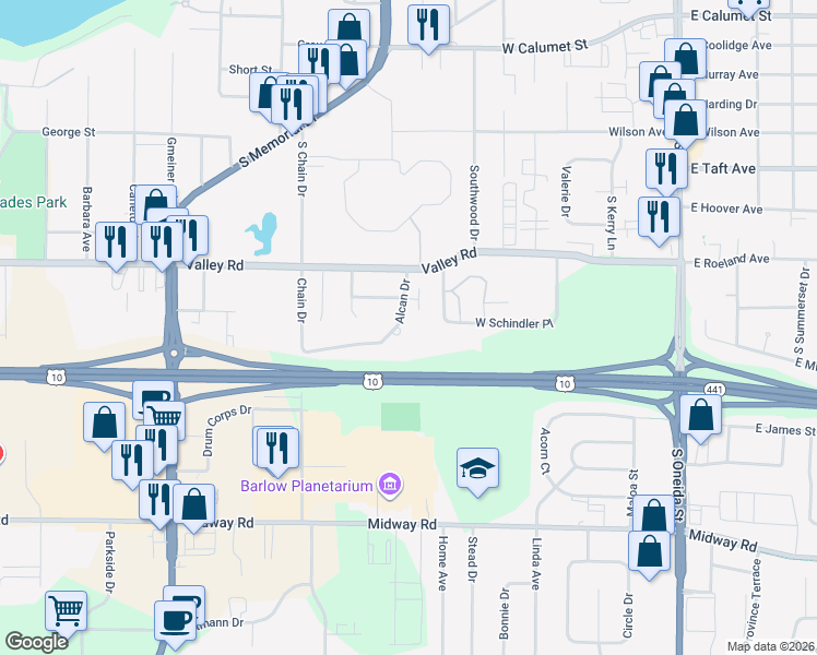 map of restaurants, bars, coffee shops, grocery stores, and more near 1699 Alcan Drive in Menasha