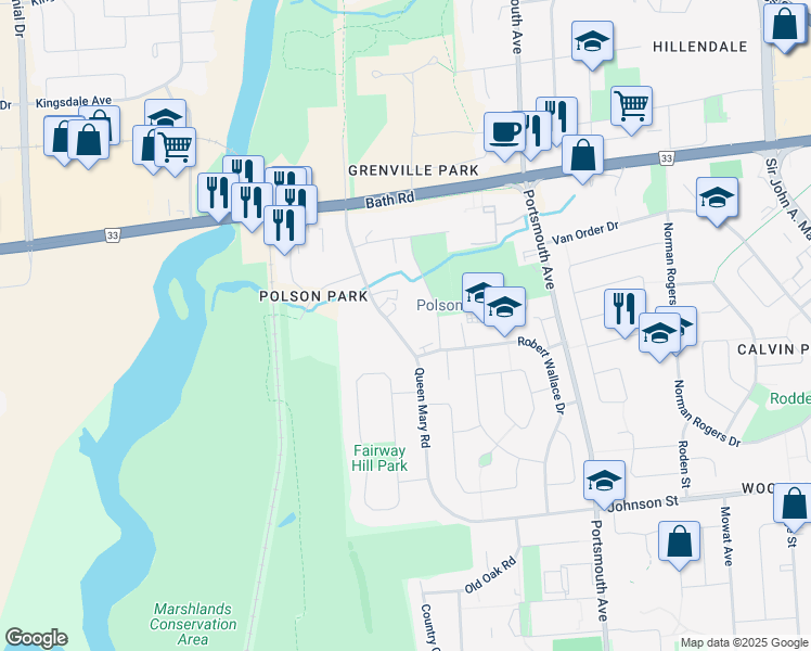 map of restaurants, bars, coffee shops, grocery stores, and more near 10 Runnymede Road in Kingston