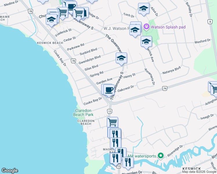 map of restaurants, bars, coffee shops, grocery stores, and more near 158 Beach Road in Georgina