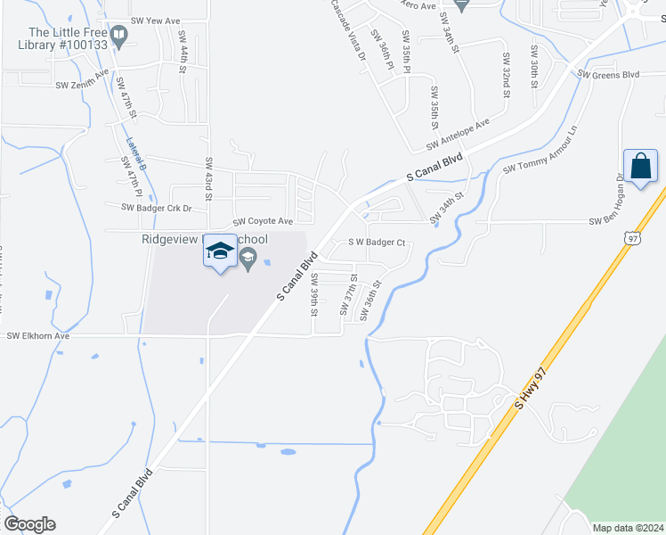 map of restaurants, bars, coffee shops, grocery stores, and more near 3736 Southwest Coyote Lane in Redmond