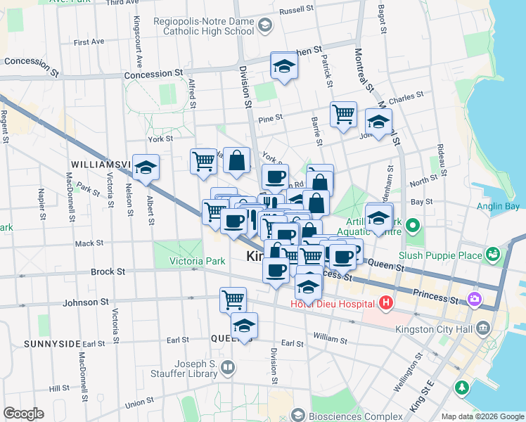 map of restaurants, bars, coffee shops, grocery stores, and more near 232 Division Street in Kingston