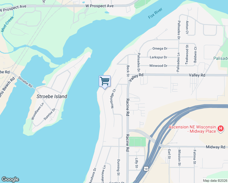 map of restaurants, bars, coffee shops, grocery stores, and more near 1727 Northridge Court in Menasha