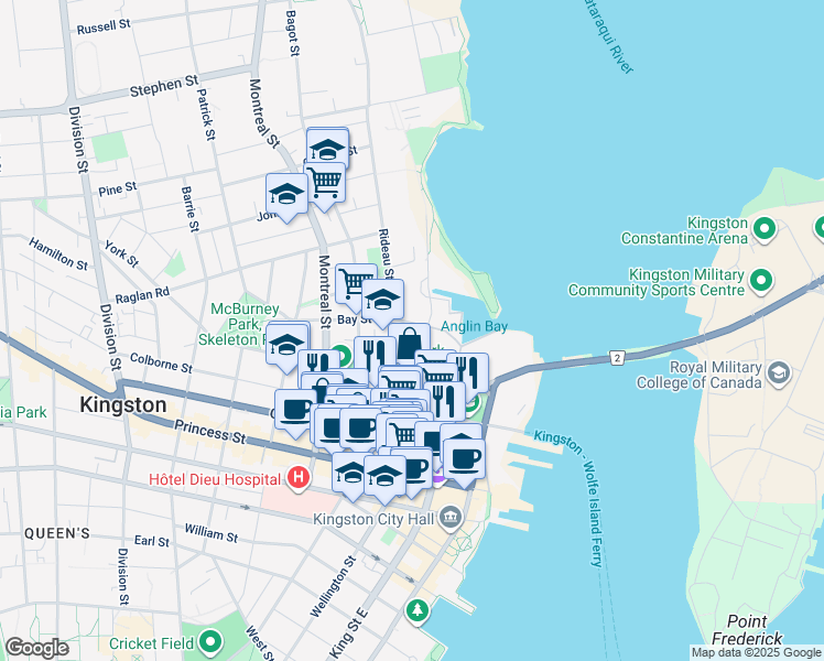 map of restaurants, bars, coffee shops, grocery stores, and more near 2 Bay Street in Kingston